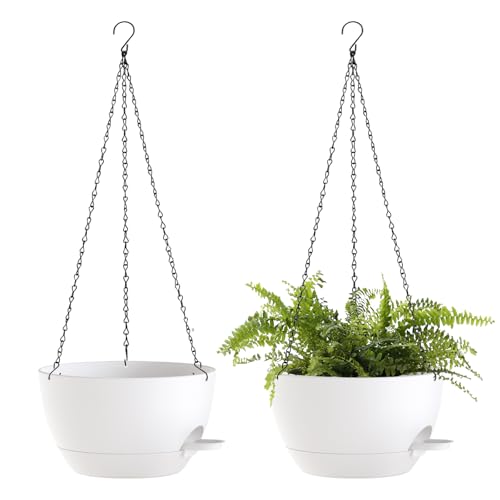 12 Inch Hanging Baskets 2 PC with Chains, Self-Watering Hanging Planters for Indoor Outdoor Plants, Plastic Hanging Flower Pots,White - color: White, size: 12 Inch