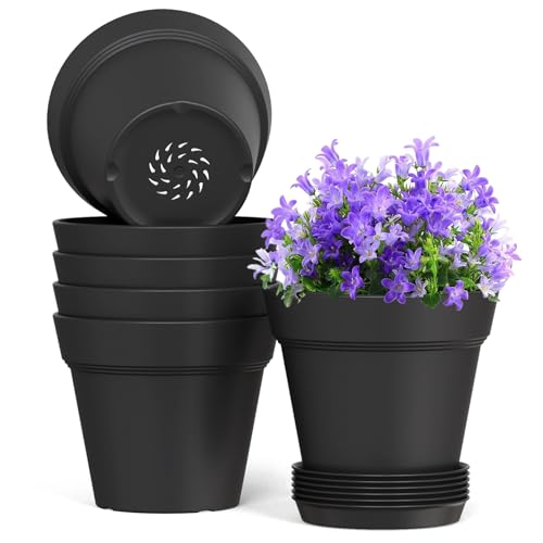 WSMKSZ 6 Inch Thick Plastic Plant Pots with Drainage Holes and Trays – 6 Pack Nursery Pots for Indoor & Outdoor House Plants, Seedling Starter Planters for Garden Flowers, Matte Black - color: Black, size: 6in 6pcs