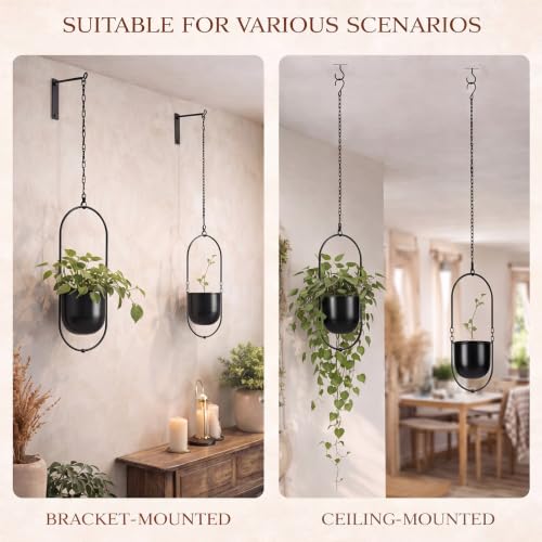 Fumete 2 Set Black Hanging Planters with Chains Metal Plant Hanger Wall Mounted Iron Flower Pot Holder for Indoor Outdoor Plants, Planting Ivy and Fern for Window Porch Balcony and Home Decor