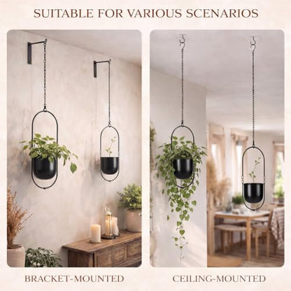 Fumete 2 Set Black Hanging Planters with Chains Metal Plant Hanger Wall Mounted Iron Flower Pot Holder for Indoor Outdoor Plants, Planting Ivy and Fern for Window Porch Balcony and Home Decor