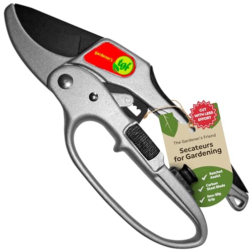 The Gardener's Friend Heavy Duty Ratchet Pruning Shears, Anvil | Manganese steel blade cuts thick branches to 1 inch. Aluminum body garden clippers with safety latch, 3-stage action.