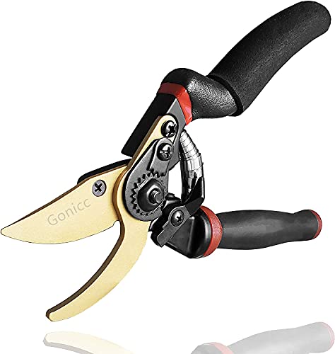 gonicc 8.5" Professional Rotating Bypass Titanium Pruning Shears(GPPS-1014) | Secateurs, Scissors, Pruners with Heavy Duty SK5 Blade. Soft Cushion Grip Handle for Everyone. - color: Golden Rotating Titanium Bypass Pruning Shears