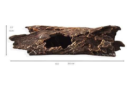 YAKCAM Driftwood Reptile Hide Cave, Aquarium Hideout w/Monstera 10.5x2.5 | Also Ideal for Amphibians & Lizards | Hollow Log Design | Life-Like 7" Monstera Plant | Terrarium Decor