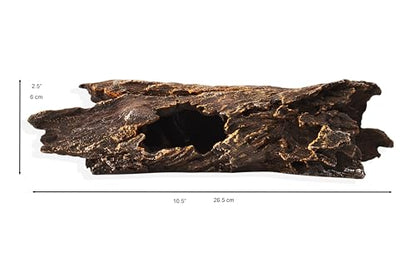 YAKCAM Driftwood Reptile Hide Cave, Aquarium Hideout w/Monstera 10.5x2.5 | Also Ideal for Amphibians & Lizards | Hollow Log Design | Life-Like 7" Monstera Plant | Terrarium Decor