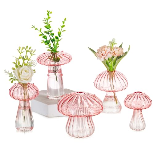 Glasseam Mushroom Glass Bud Vase Set of 5, Pink Small Vases for Flowers - color: Pink