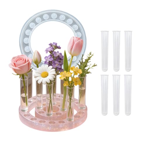 Round Vase Resin Mold Silicone for Plant Propagation Station with 6 Acrylic Test Tubes, Epoxy Resin Casting Mold for Hydroponic Flowers, Home Office Decor, DIY Craft Gift (C) - color: C