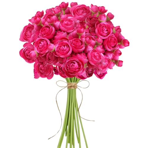 ASTRYAS Ranunculus Artificial Flowers, 18Pcs Hot Pink Fake Mini Ranunculus - color: Hot Pink Ranunculus