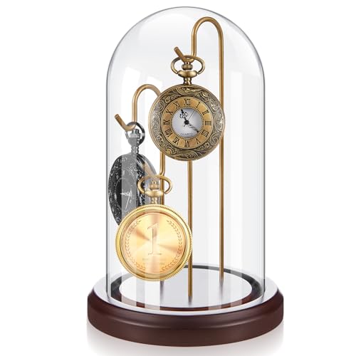 Beeveer 1pc 4x7 Pocket Watch Display Case 3 Hook Walnut Gold | Wooden Base Glass Dome Cloche, Stable Metal Holder, Hold Watches Medals Collectibles, Desktop Shelf Decor, for Collectors - color: Walnut Gold, size: 3 Hooks