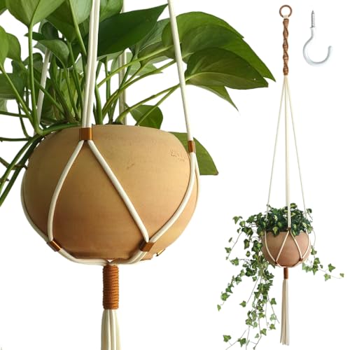 Macrame Plant Hanger Polyester Rope 42 Inch Outdoor Indoor Adjustable Hanging Planter for up to 10 Inch Plant Pot Modern Boho Home Decor (1, Ivory/Burnt Orange) - color: Ivory/ Burnt Orange