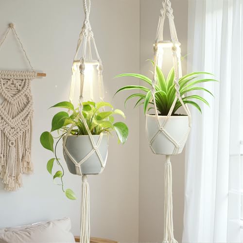 2 Pack Macrame Plant Hanger with Grow Light for Indoor Plants | 10 Brightness, 3 Light Modes, 3/9/12H Timer, Fits 5-9 in Pots, Cotton Rope, Boho Decor, Pots Not Included - color: Plant Hanger Ivory(daylight)