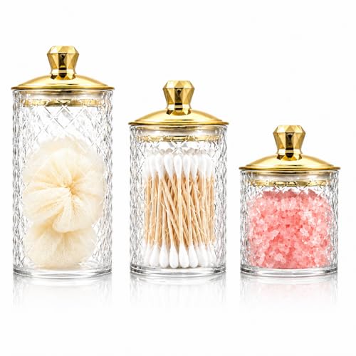 3-Pack Clear Acrylic Diamond-Cut Storage Jars with Gold Lids – Airtight Containers for Kitchen, Bathroom & Home Organization – Versatile Jars for Cotton Pads, Bath Salts & Snacks - color: golden 04-3pcs
