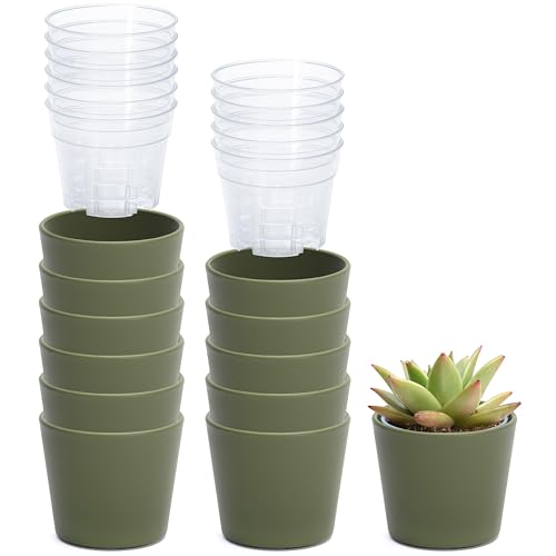 Phoenix Vine 3.5 Inch Olive Plastic Cachepot with Clear Nursery Pot, Decorative Lightweight Planter Cover with Transparent Inner Pot for Indoor Houseplants, Pack of 12, 24-A-F-12 - color: Olive, size: 3.5" (12 Pack)