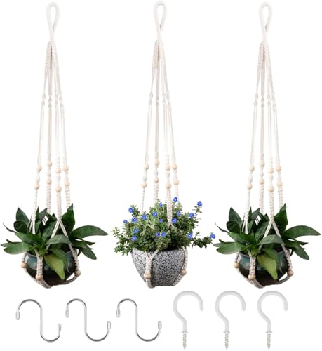 RIFNY Macrame Plant Hanger Indoor, Hanging Plant Holder, White, 3 PCS | 35 Inch Hanging Planter with Hooks, Fits 5-10" Pots, Suitable for Ceiling, Wall and Window Indoor Plant, Boho Home Decor - color: White, size: 35 Inch 3pcs