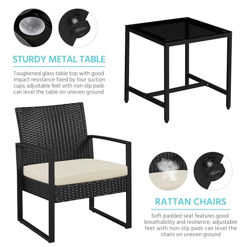Yaheetech 3 Pieces Rattan Bistro Set, Outdoor Wicker Patio Modern Conversation Furniture, 2 Chairs & Tempered Glass Coffee Table for Garden, Balcony, Backyard, Poolside, Black/Beige - color: Black/Beige