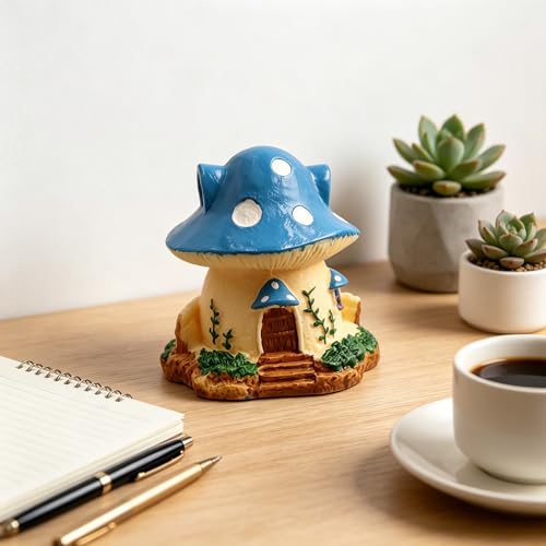 Mushroom House Miniature Ornament, Resin Villa Decor for Micro Landscape and Home Display Blue