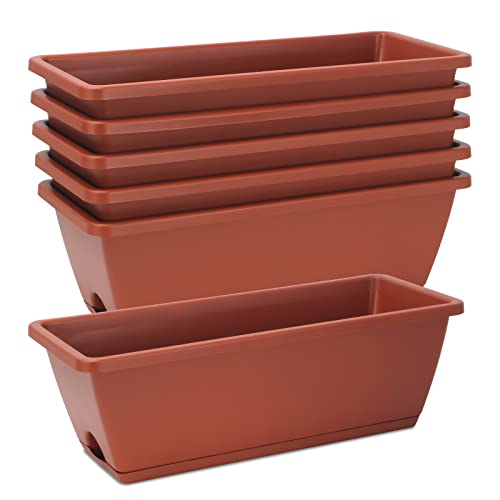 HOXHA 6 Pcs Window Box Planter, 17" Rectangular Planter Box, Brick Red | Sturdy Plastic Planter Boxes, Outdoor Indoor, Vegetable Flower Pots, for Windowsill, Patio, Porch, Garden Balcony, Gardening - size: 6 Pack / 17inch
