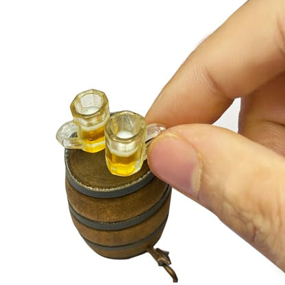 9Pcs Mini Beer Barrel Decor Miniature Wooden Figurine Wine Barrel Model with Faucet and Wine Glass Suitable for Fairy Garden Bar Doll House Decoration - style: Beer Barrel