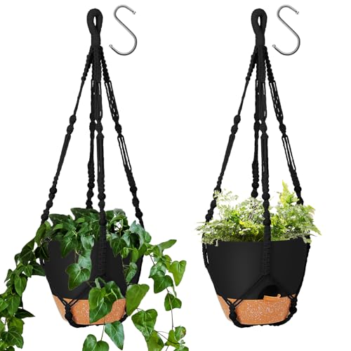 10 Inch Hanging Planters with Macrame Plant Hanger for Indoor and Outdoor Plants, 2 Pack Large Self Watering Hanging Plant Pot with Basket Flower Pot with Drainage Hole, Black - color: 10-black, size: 10 inch|2 pcs