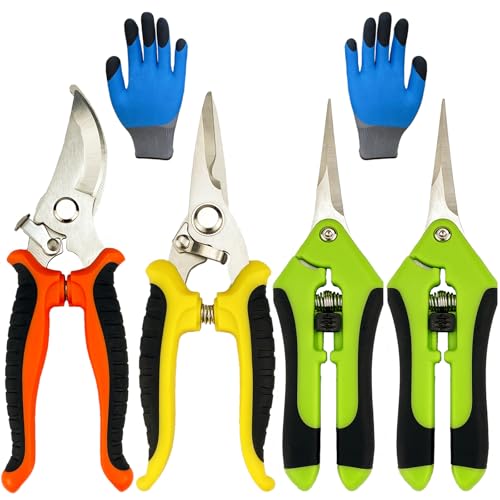 Pruning Shears, 5 Pack Garden Shears with Gardening gloves, Clippers Handheld, Stainless Steel Garden Snips, Lengnoyp Pruners for Gardening