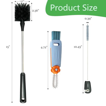 3 Pack Bottle Brush, 15 Inches Long Handle Water Bottle Cleaner Brush Set, Stainless Steel Cleaning Brushes with Straw Brush & Lid Cleaner for Sports Water Bottles, Baby Bottles, Mugs, Cups, Glassware