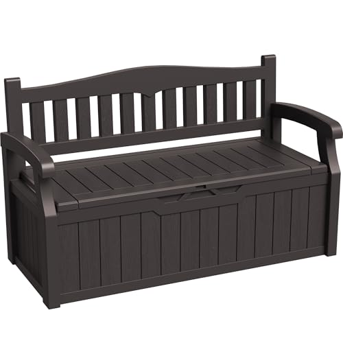 Greesum 80 Gallon Storage Bench Outdoor Deck Box with Armrest, Brown - color: Brown, style: 80 Gallon