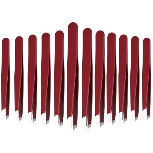 Mudder 12 Pcs Eyebrow Tweezers Set for Facial Hair in Bulk | Slanted Tip Style, Stainless Steel, Red, 3.78 Inch Compact, for Men and Women, Daily Eyebrow Care, Daily or Travel - color: Red