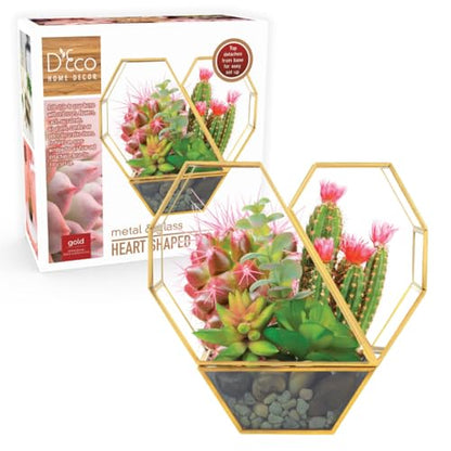 D'Eco Glass Gold Heart Plant Terrarium, Centerpiece & Wedding Letterbox | Tabletop Geometric Planter Terrarium, Fill Display with Succulents, Moss, Air Plants, Ferns, Home & Office Decor, Dims:8x8x3" - size: Heart