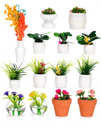 IMIKEYA Miniature Dollhouse Plant Flowers: 15pcs Mini Dollhouse Potted Plants Artificial Tiny Plants Fake Greenery Ornament Potted Plant Flower Model Micro Landscape Dollhouse Furniture Decor