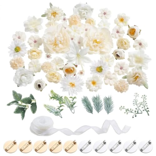 48 White Artificial Flowers, 12 Leaves, 1 Roll White Ribbon 4cm 50Yards, 10 Brooch Pins, DIY Floral Arrangement Set for Wedding Reception, Party, Graduation, Holiday Celebration - color: White