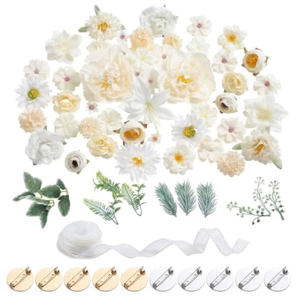 48 White Artificial Flowers, 12 Leaves, 1 Roll White Ribbon 4cm 50Yards, 10 Brooch Pins, DIY Floral Arrangement Set for Wedding Reception, Party, Graduation, Holiday Celebration - color: White
