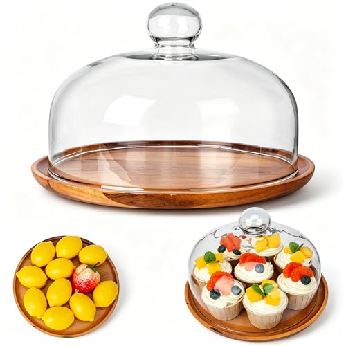 10 Inch Wooden Base Cake Display Stand with Glass Dome,Cloche Clear Glass Bell Jar Cover for Dessert Cheese Candy Plants Succulents（for Sizes up to 8.5 "） - color: 10 Inch（for Sizes Up to 8.5 "）