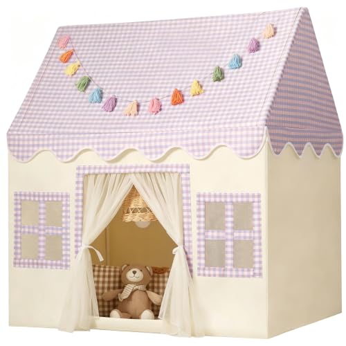 Kids Play Tent Indoor: Mat, Tassel Garland - Purple Checkered Girls Tent Playhouse Kids Toys for Boy Girl Birthday Gift - color: Purple Checkered, size: Normal