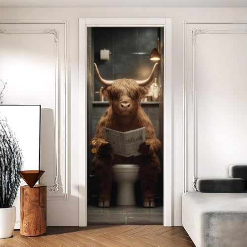 Highland Cow Door Sticker, Funny Bathroom Door Cover, 30.3x78.7in - color: Colorful1081