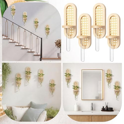 4 Pcs Wooden Rattan Wall Propagation Vases 8 Inch Wood Wall Vase Set Natural Boho Hanging Plant Flower Display for Hydroponics Plants Home Office Living Room Decor