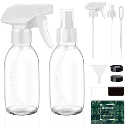 Small Glass Spray Bottle 4 OZ, 2 Pack Empty Clear Glass Spray Bottles | Empty Spray Bottles for cleaning, Plants, Pets, Hair, Durable Spray Nozzle, Fine Mist, Labels, Funnel, Pipettes, Reusable - color: Clear White Lids