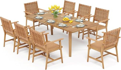 PHI VILLA Outdoor Dining Set, Acacia Wood Construction Teak 9 Piece - color: Bright Brown, size: 8 Seats