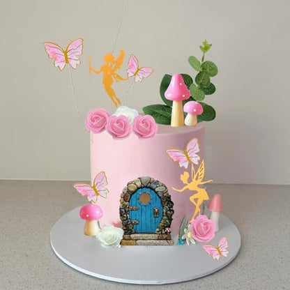 Fairy Cake Toppers Fairy Butterfly Cake Decorations Pink Mushroom Door Flowers Cake Decorations for Birthday Baby Shower Party Supplies