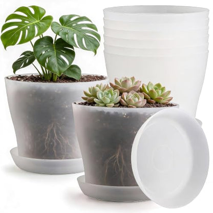 6 Pack 8 Inch Clear Nursery Plant Pots with Large Drainage Holes &Saucer | Plastic Translucent Flower Pots - Durable Outdoor/Indoor Planters for Succulents, Herbs, Cacti, Houseplants, Gardening Gifts - color: Translucent