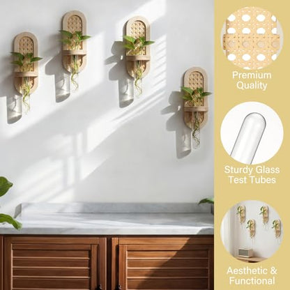 4 Pcs Wooden Rattan Wall Propagation Vases 8 Inch Wood Wall Vase Set Natural Boho Hanging Plant Flower Display for Hydroponics Plants Home Office Living Room Decor