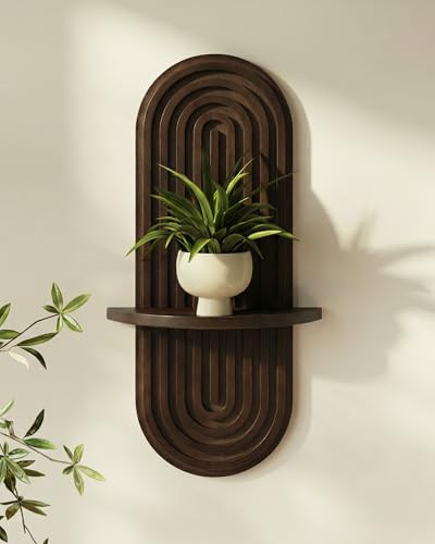Bamworld Boho Wall Decor Plant Wall Shelf Wooden Plant Holder Walnut | Mid Century Modern Decor Hanging Plant Shelf Wood Floating Shelves for Home Bedroom Living Room Holding Planter Decoration - color: Walnut