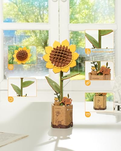 rowood 3D Wooden Puzzles for Adults, Mother's Day DIY Artifical Flower Craft Kit,Botanical Collection Home Decor, Valentine's Day/Thanksgiving Day/Christmas/Birthday Gift -Sunflower - style: Sunflower