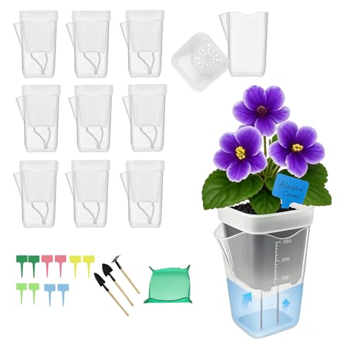 9 Pack 2.5" Mini Self Watering Pots for Indoor Plants, Small Clear Plastic Planter with Drainage and Water Level,for African Violet,Succulents,Propagation,Seed Starter with Labels,Repotting Mat, Tools