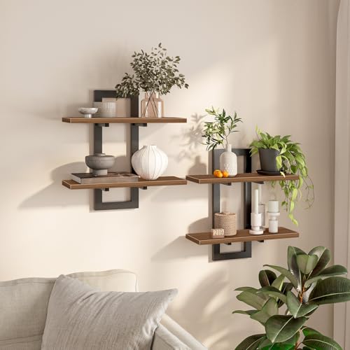 HOOBRO Floating Shelves, 15 Inch Wall Shelf Set of 2, Wall Mounted Storage Shelves 2-Tier, Hanging Bathroom Shelves, for Living Room, Bedroom, Bathroom, Kitchen, Walnut and Black BH32BJ01 - color: Walnut + Black