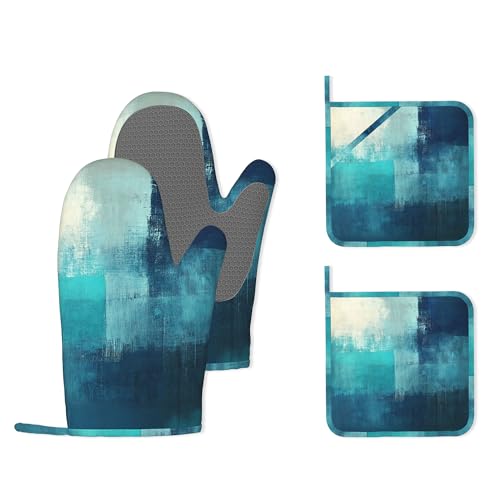 Turquoise Grey Oven Mitts and Pot Holders (4PCS),Teal Modern Art Heat Resistant Non-Slip Silicone Kitchen Gloves for Cooking, Baking, BBQ Waterproof Kitchen Accessories - color: Turquoise Grey Teal Modern Art