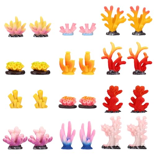 24pcs Mini Fake Resin Coral Reef, Miniature Resin Coral Figurines 12 Styles Colored Small Artificial Plants for Fish Tank Garden Flower Pot Bonsai Tiny Micro Landscape Decors Faux Coastal Beach Ocean