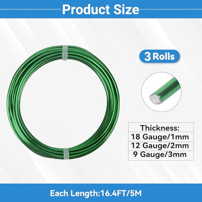 3 Rolls Aluminum Craft Wire Kit with Side Cutter Pliers, Multi-Size [18/12/9] Gauge, Flexible Metal Wire Set for Jewelry Making, Bonsai and Sculpting (49.2 Ft Total, 16.4 Ft/Roll, Green) - size: 3 Gauges Set 16.4Ft Each, style: Green