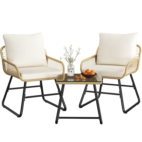Yaheetech 3 Piece Patio Bistro Set, Outdoor Wicker Bistro Furniture Sets | 2 Rattan Chairs and Glass Top Table for Patio, Balcony, Porch, Poolside, Backyard, Tan/Cream - color: Tan/Cream, size: 3 PCS