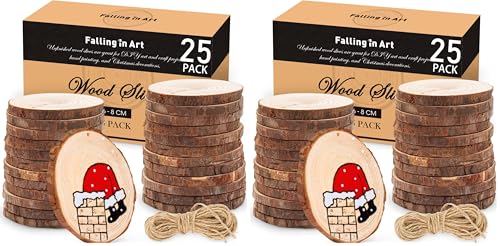 Falling in Art 2.3-3.1 Inches Natural Wood Slices Set for Crafts - 25Pcs Round Wood Discs with Pre-drilled Hole for DIY Projects, Christmas Ornaments and Wedding Decoration (Pack of 2) - size: 6-8 cm (Pack of 2)