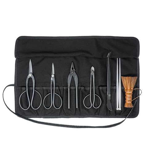KAKURI Japanese Bonsai Tool Set 7 Pcs, Made in Japan, Professional Bonsai Kit (Satsuki Scissors, Long Handle Bonsai Scissors, Jin Pliers, Wire Cutter, Tweezers, Root Hook, Broom, Bag)