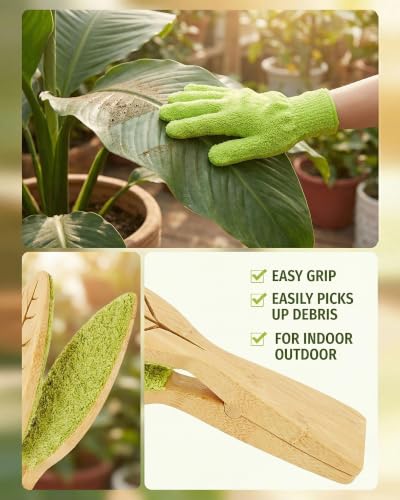 3Pcs Plant Leaf Cleaning Set, Includes 1 Microfiber Cleaning Tongs and 2 High-Density Dusting Gloves, Washable Reusable Houseplant Care Kit for Foliage, Window Blinds & Delicate Home Dusting